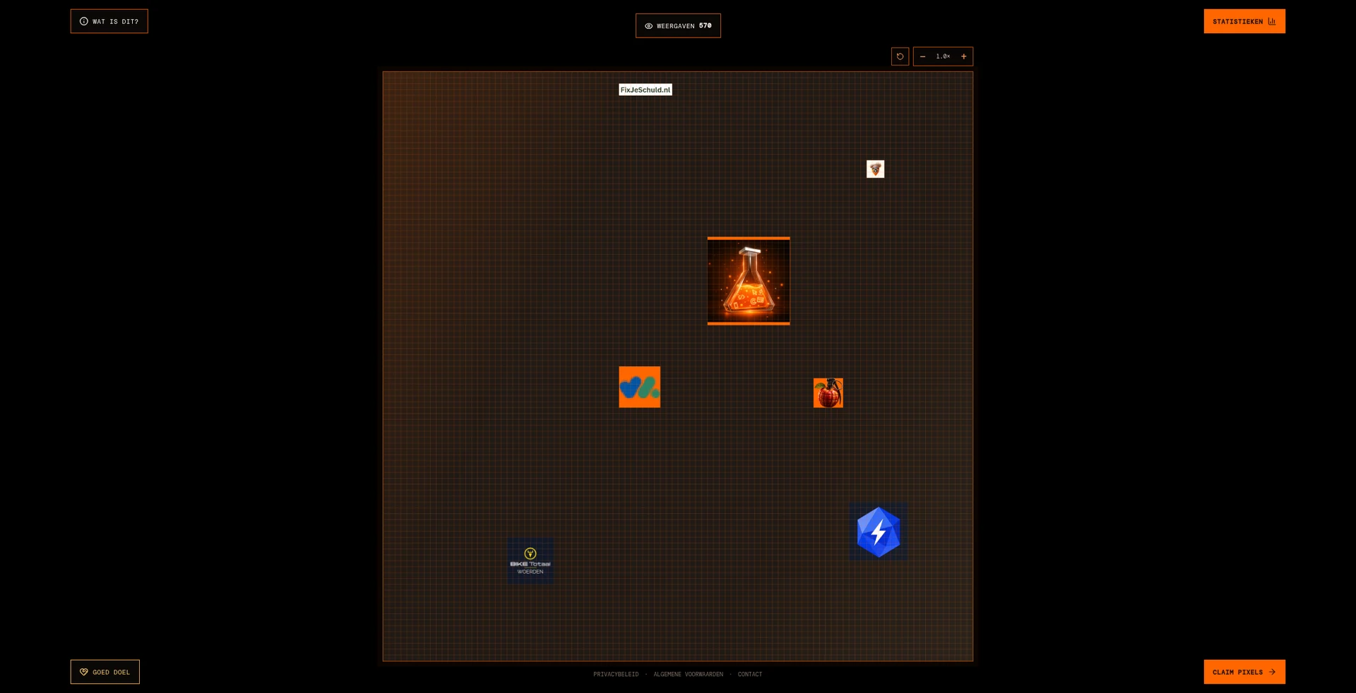 1 Miljoen Pixels website met een oranje pixelraster, geplaatste merken en de knop Claim pixels