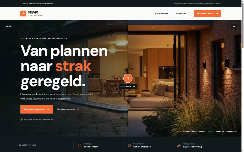 Voorbeeld van een klusbedrijfwebsite met voor-en-na hero-vergelijking