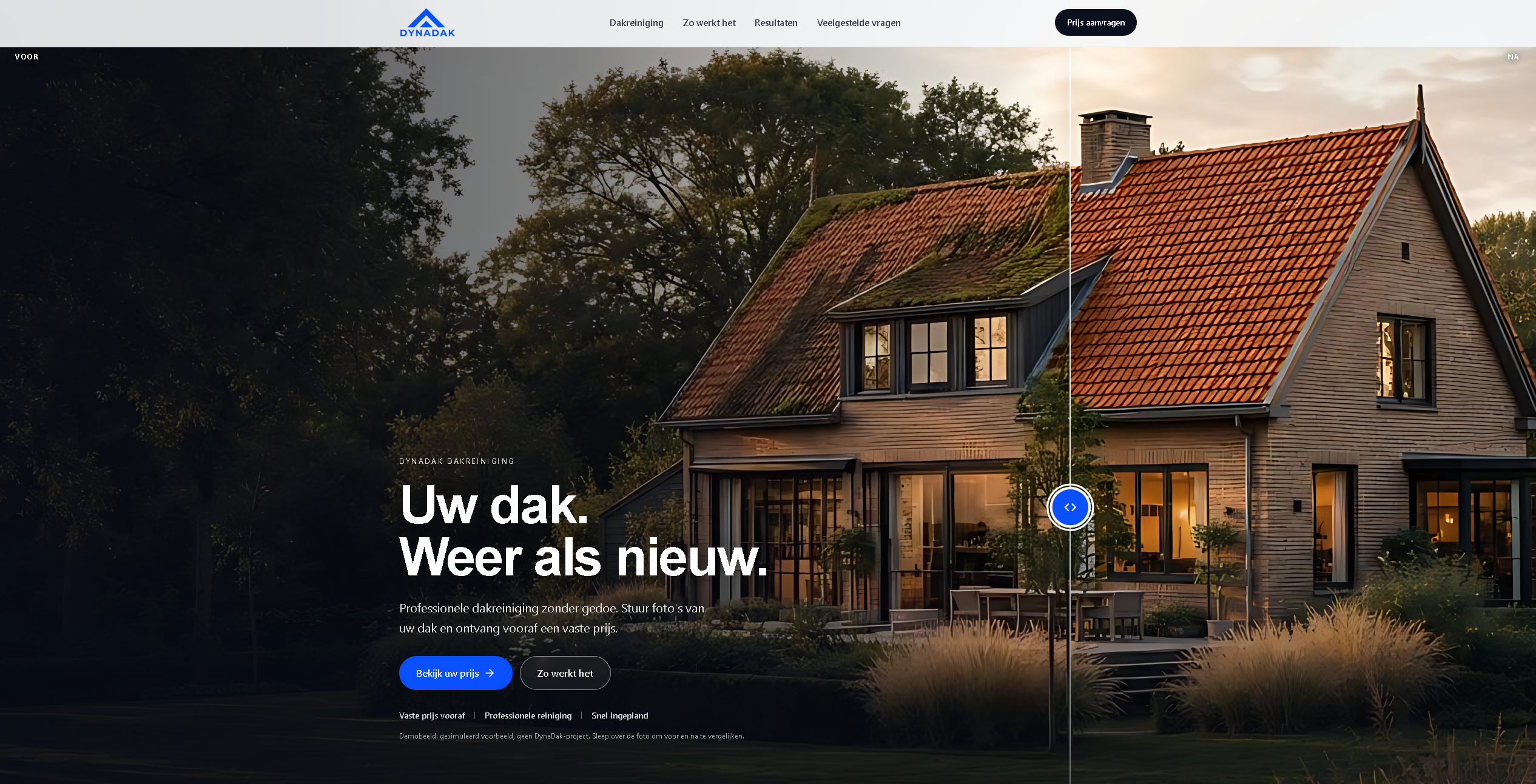 DynaDak website met een voor-en-na-vergelijking van een gereinigd pannendak