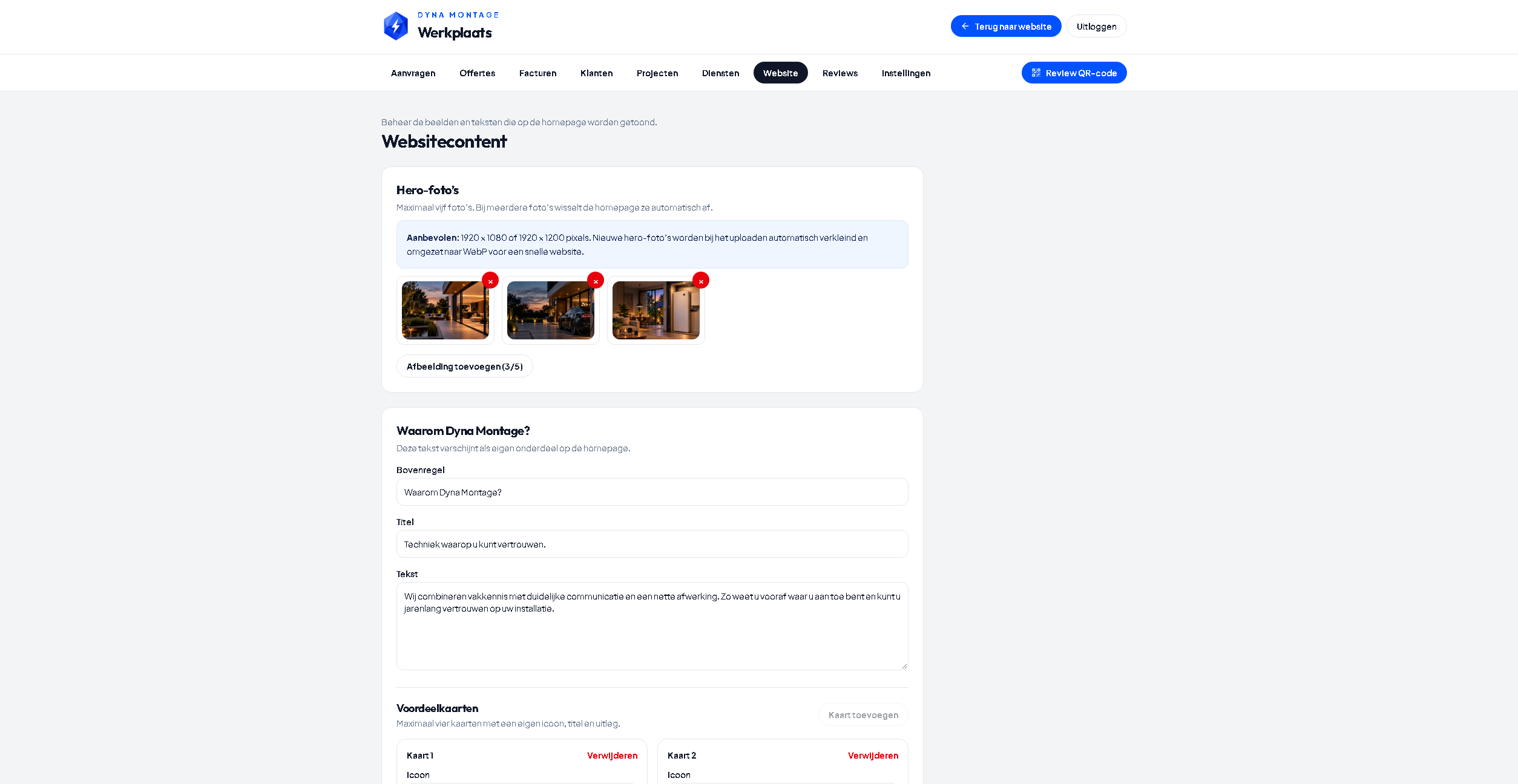 Dyna Montage admin-dashboard met websitebeheer, hero-foto’s en bewerkbare websiteteksten