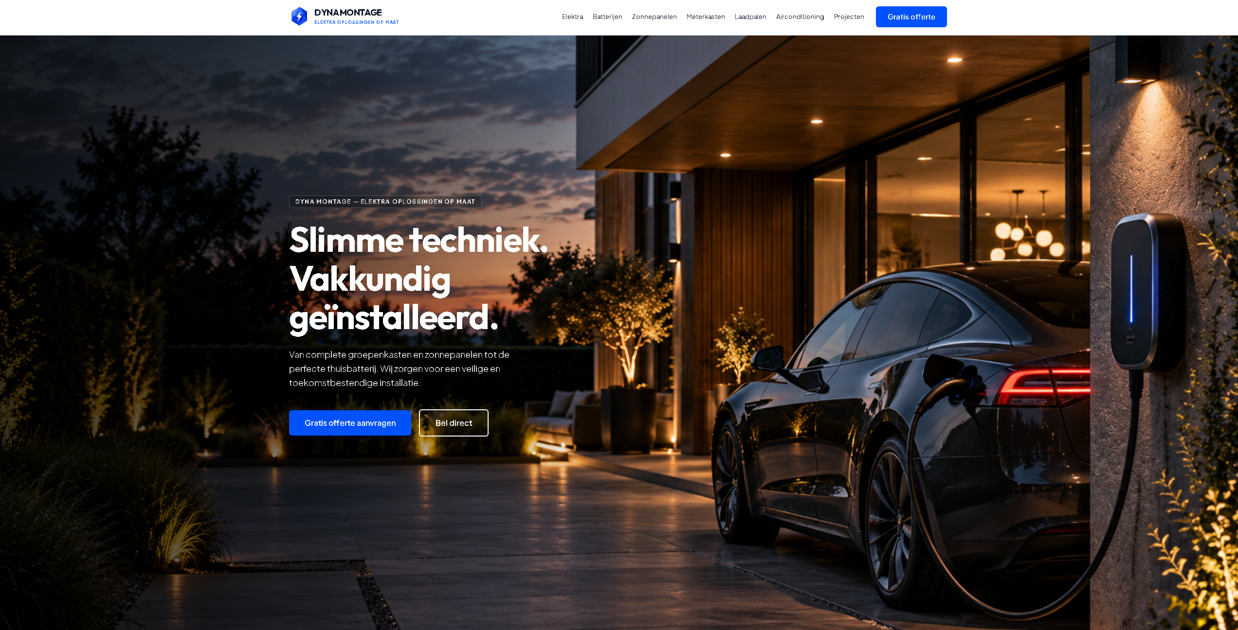 DynaMontage website met slimme techniek, een moderne woning en een laadpaal