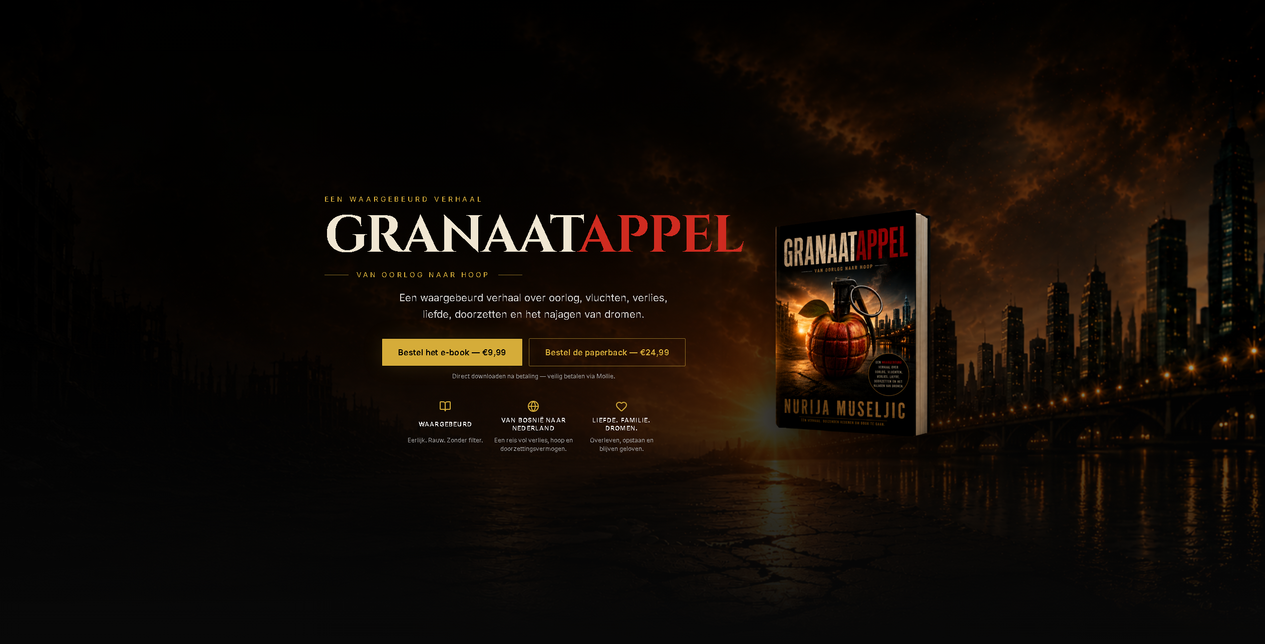 Granaatappel boekwebsite met de boekcover, een donkere skyline en bestelknoppen voor het e-book en de paperback