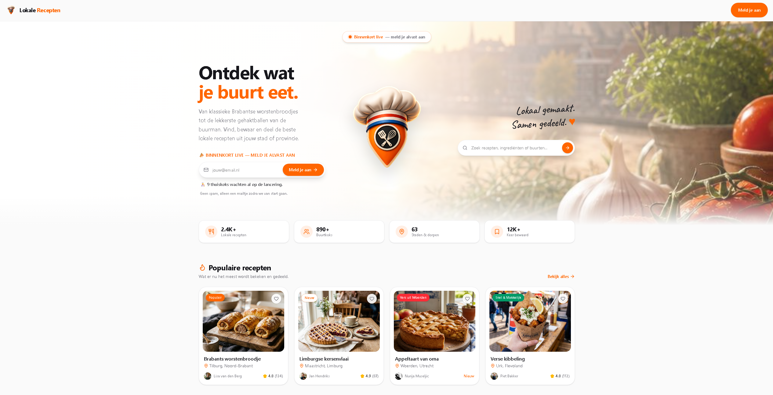 Lokale Recepten website met de tekst Ontdek wat je buurt eet, een koksmutslogo en kaarten met populaire streekgerechten
